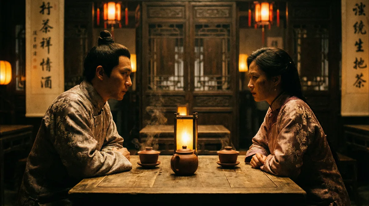 麻豆传媒古装剧情片拍摄剧照-茶馆对话场景