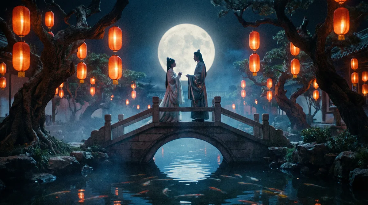 麻豆传媒古典爱情片拍摄剧照-月下花园场景